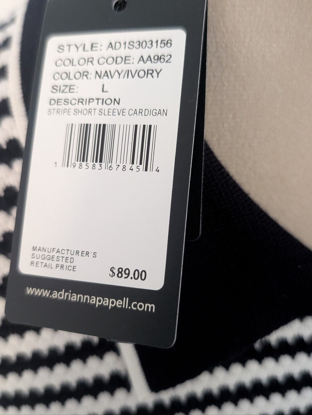 Adrianna Papell Navy and Ivory Striped Short Sleeve Cardigan - Picture 7 of 11